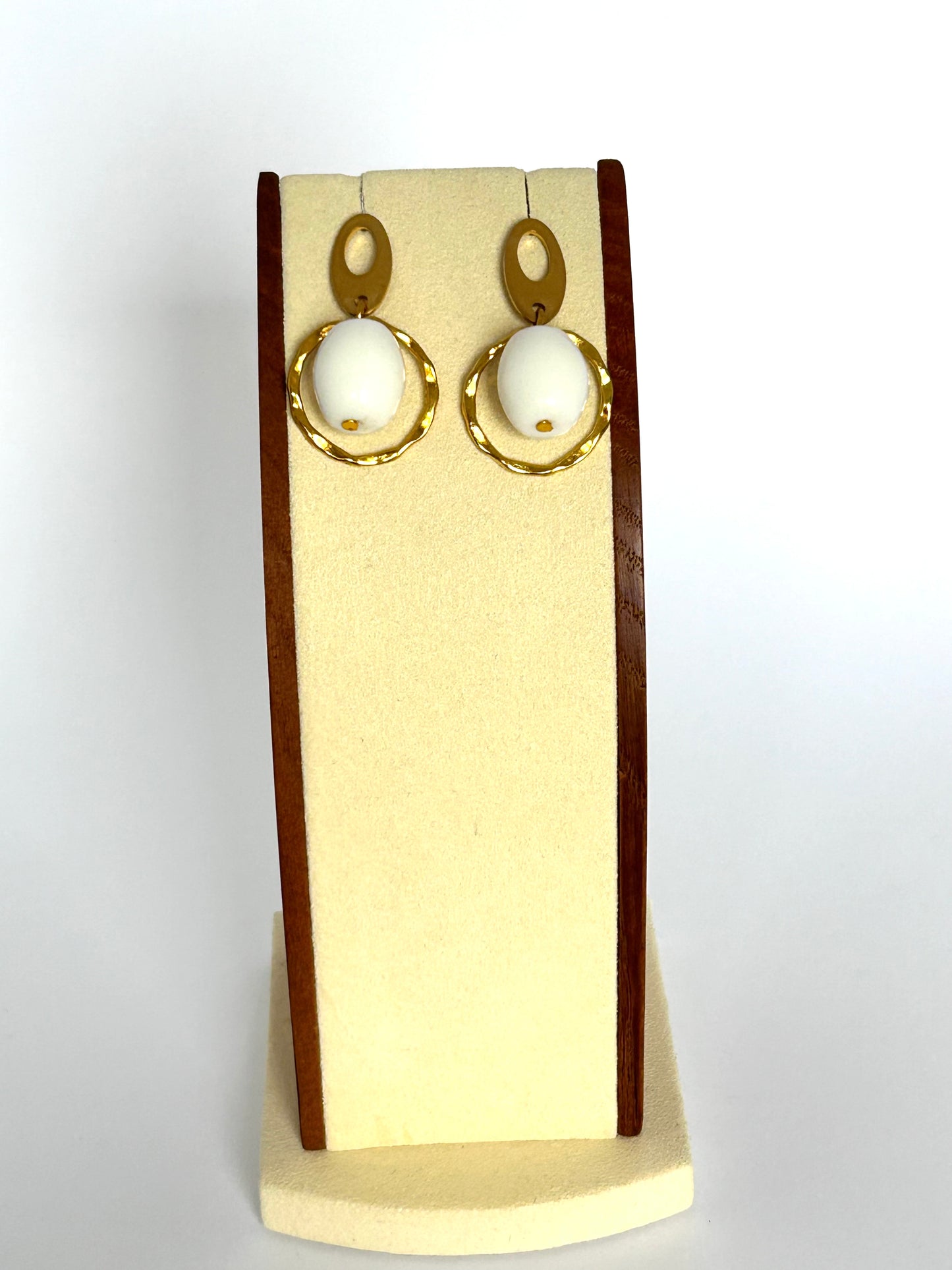 White Bead & Gold Earrings